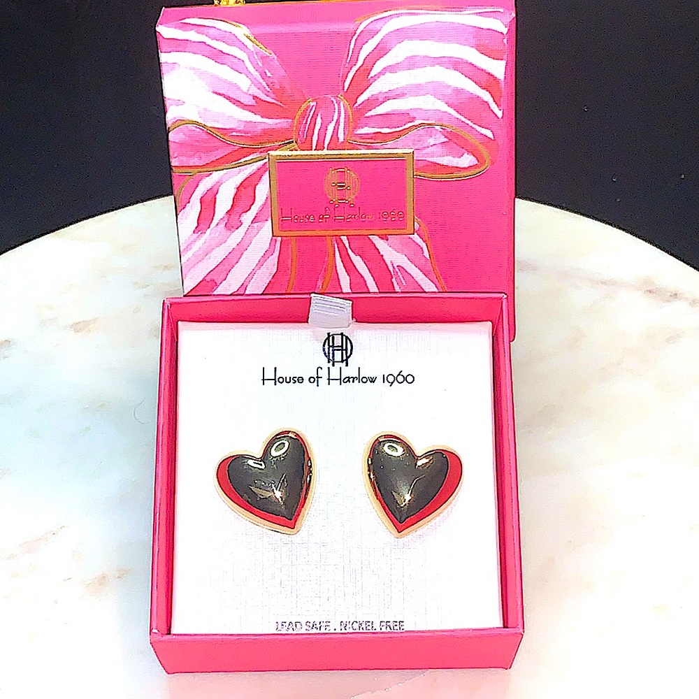 HOUSE OF HARLOW 1960 HEART EARRINGS GOLD PIERCED NEW NICKEL FREE NIB